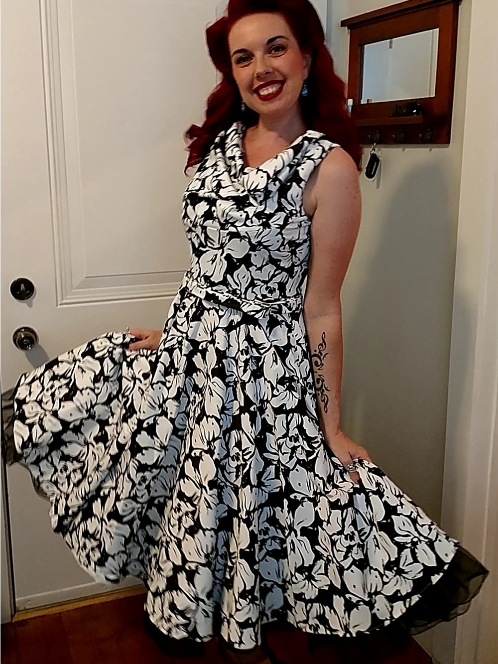 Unique Vintage Black & White Floral A-Line Dress - Sleeveless Cowl Neck